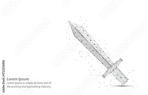 Sword. Futuristic illustration of sword isolated on a white background, representing strength,
defense, and digital warfare.Protect and secure concept.Low poly wireframe vector