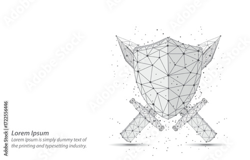 Low poly wireframe shield with crossed swords on a white background. Digital Protection and
Security of Safe concept, cybersecurity,and strength in the digital world. Digital technology
protects sign.