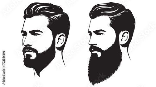 Vector art of two stylized black and white portraits of men with beards