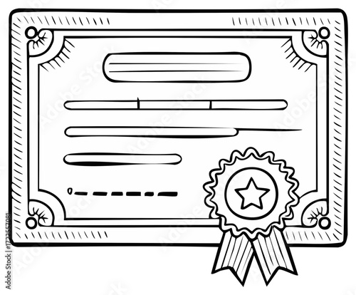 Hand drawn award certificate with star rosette and ribbon sketch illustration