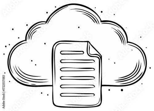 Hand Drawn Cloud Computing Icon with Document File for Data Storage and Digital Network Concept