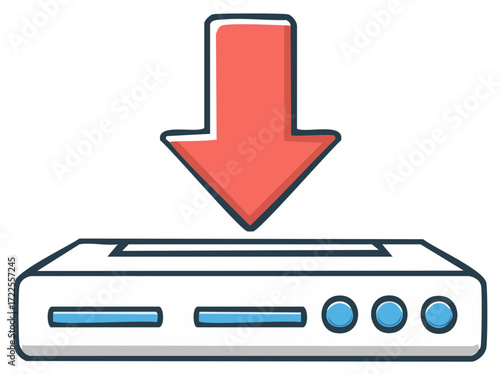 Red download arrow pointing to a stylized server or data storage device icon