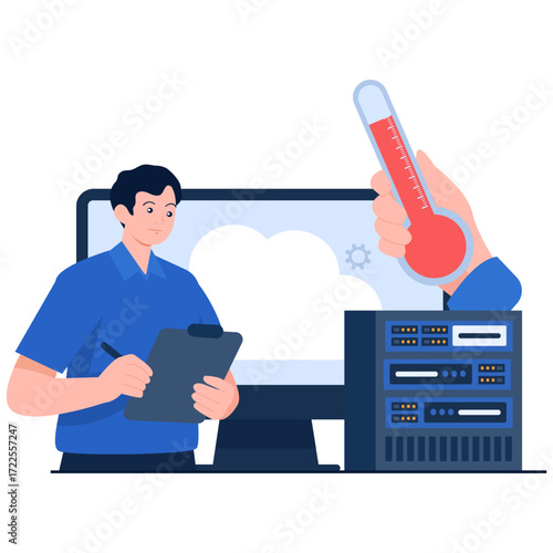 Technician monitoring server temperature with thermometer