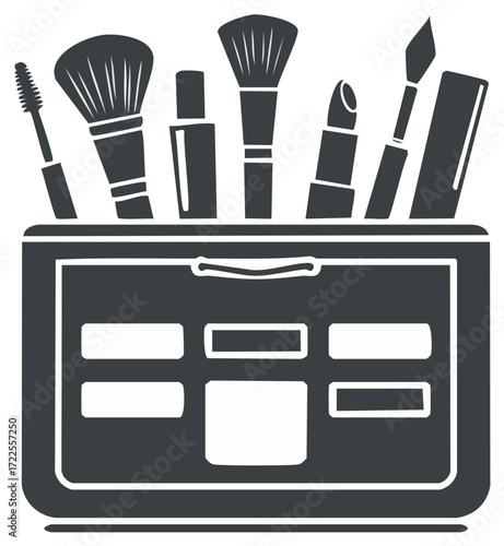 Stylized cosmetic bag icon filled with brushes, lipstick, and makeup products