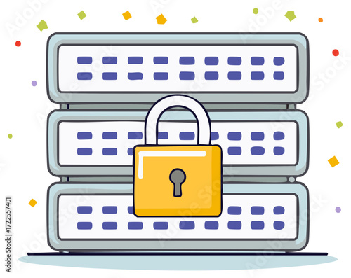 Data servers illustration with padlock, security concept for data protection and privacy, secured storage servers, information safety