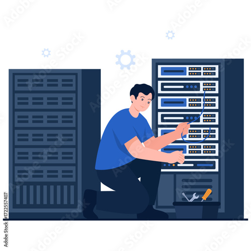 Technician connecting cables to server rack