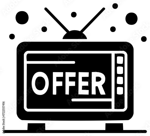 Television screen displays the word OFFER with antenna and floating circles