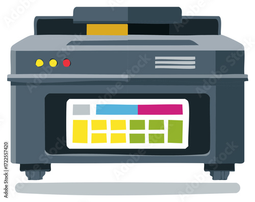 Modern flatbed scanner displaying color calibration chart on screen for print and digital reproduction