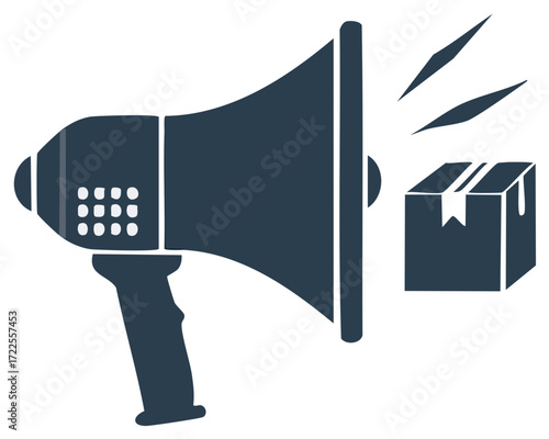 Megaphone announcing a package delivery or shipment with sound waves emanating