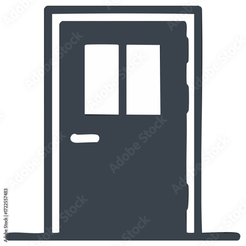Simple dark gray front door illustration with two rectangular window panes and a horizontal handle