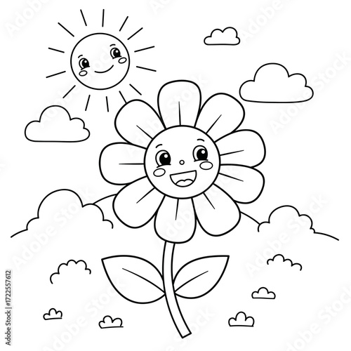 A smiling flower with expressive eyes under a happy sun, surrounded by fluffy clouds, hills, and bushes—perfect for playful, child-friendly coloring pages.