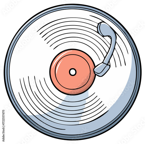 Vintage vinyl record playing with tonearm and coral center label