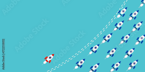 One red and white rocket ship leads a fleet of blue and white rockets on a blue background
