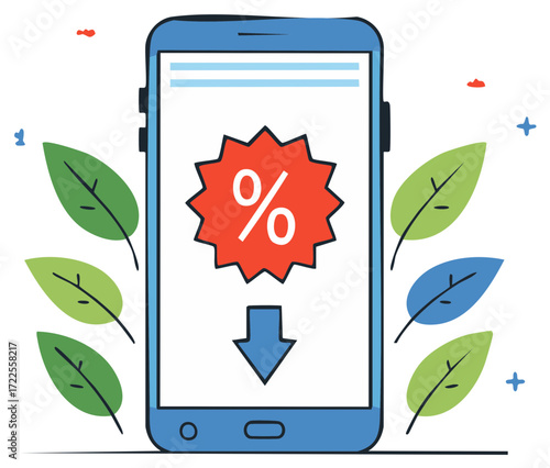 Mobile retail discount special offer price drop concept on smartphone screen with natural elements