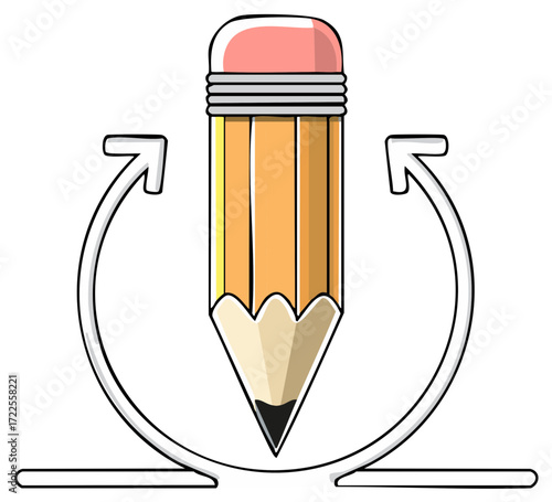 Pencil with Eraser surrounded by Curved Arrows in Cartoon Style