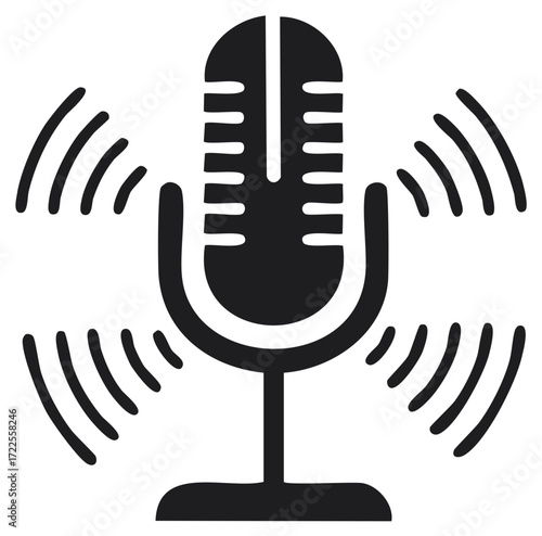 Microphone Sound Waves Icon Black and White Podcast Audio Recording