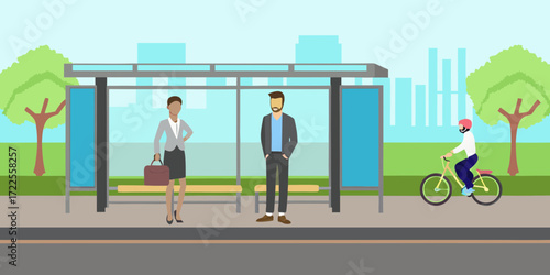 Diverse commuters wait at a modern bus stop with a cyclist passing by in a city park setting