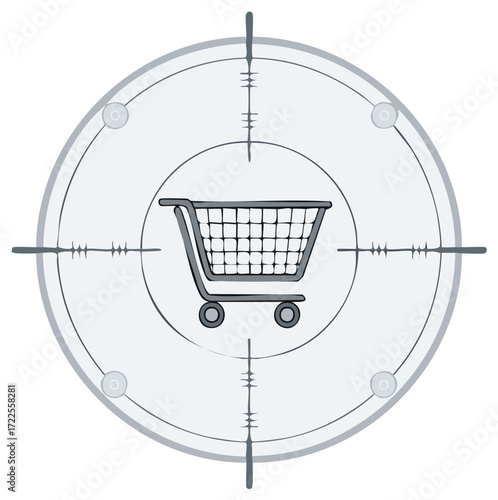 Shopping cart in crosshairs, representing targeting or focus on retail and consumer behavior.
