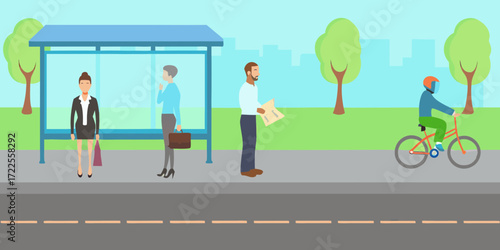 Diverse group of people waiting at a bus stop and a cyclist riding past on a sunny day