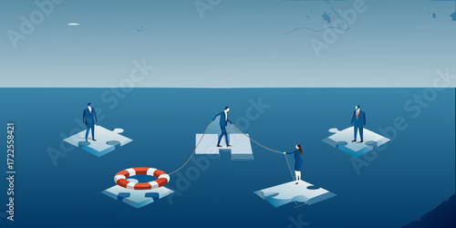 Business people on puzzle pieces in the ocean with a life preserver helping each other