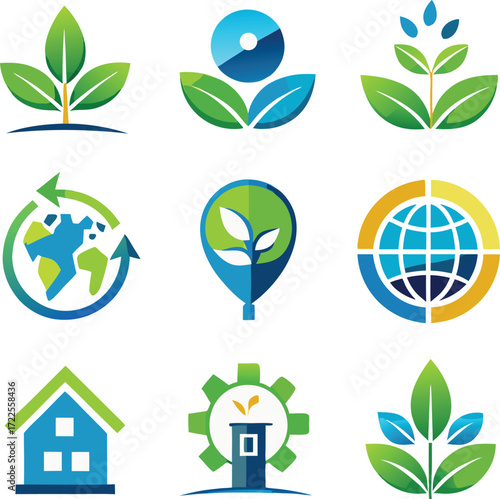 Diverse eco-friendly logo collection natural greenery earth global sustainability renewable energy and home icons