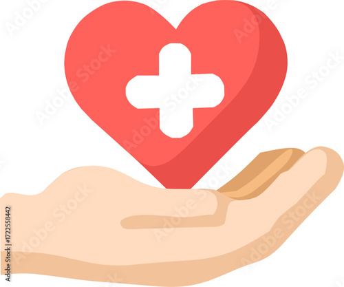 Flat style illustration of a hand holding a red heart with a medical cross, symbolizing healthcare, support, and medical care.