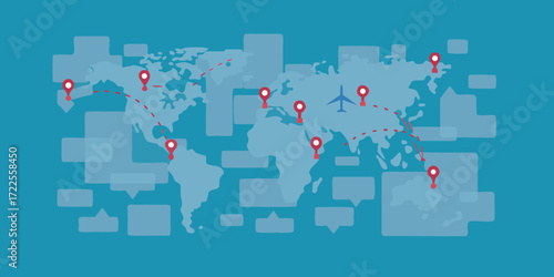 Global travel routes illustrated with an airplane and location pins on a world map