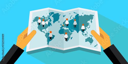 Hands holding a world map with people icons spread across continents representing global network or distribution