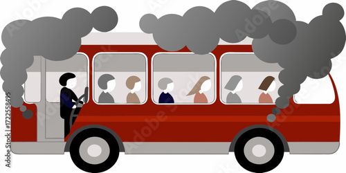 Red bus with passengers onboard emitting thick grey smoke from engine and exhaust pipe