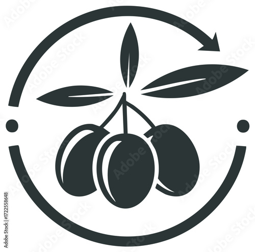 Monochrome olive branch icon with circular arrow symbolizing production cycle or fresh food