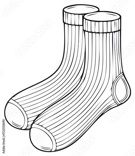 Pair of cozy socks in line art style, warm striped socks for comfort and winter fashion, cartoon outline socks for coloring