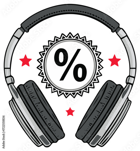 Headphones surrounding discount promotion symbol, modern audio sale advertisement graphic, special offer with red stars for music listeners
