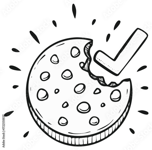 Drawn cheese with a bite and checkmark, symbol for confirmation or correctness.