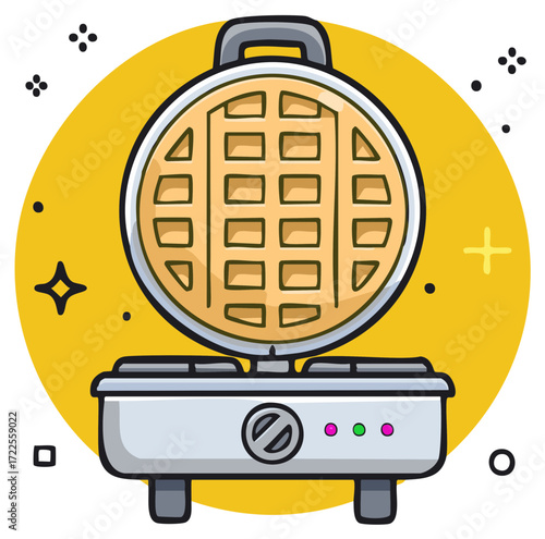 Cartoon waffle iron open showing fresh golden waffle inside with decorative elements