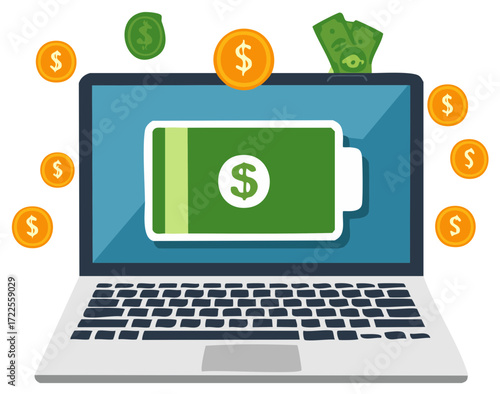 Laptop displaying battery charging with money symbol and coins flying around digitally