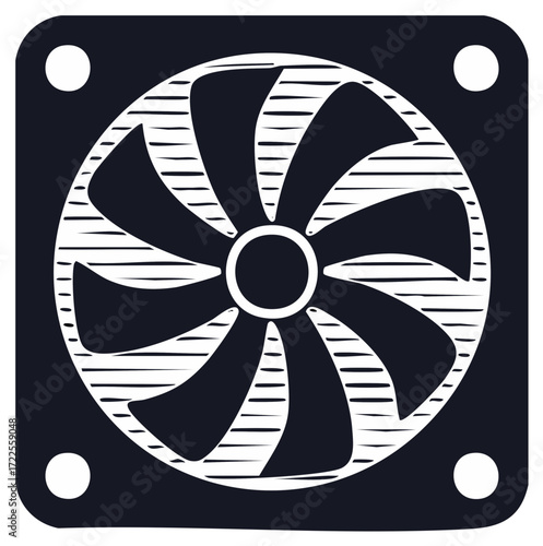 Vector illustration of a computer fan with a graphic, black and white style.