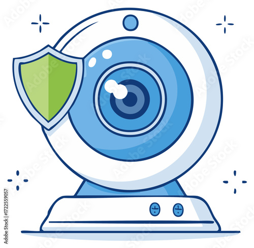 Webcam Security Concept Green Shield Data Protection Cartoon Illustration