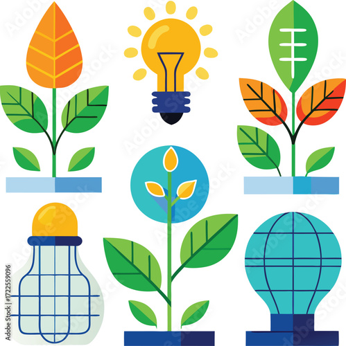 Green energy ideas concept plants growing lightbulbs globe icons symbols sustainable innovation eco-friendly future development