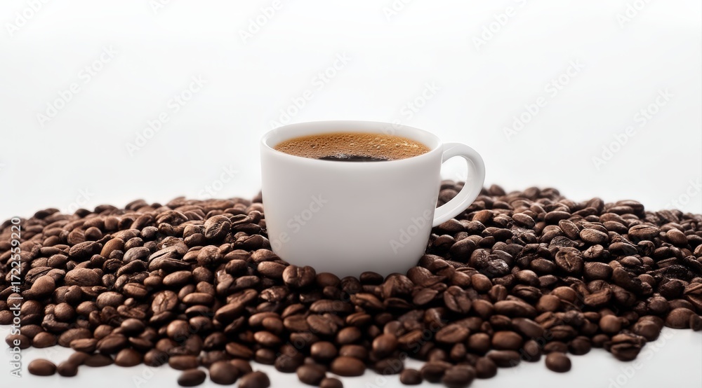 Fototapeta premium Espresso coffee in a white cup sitting on a bed of roasted coffee beans, creating a clean, inviting visual