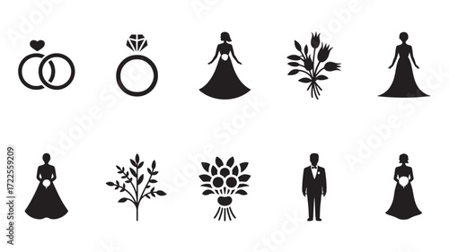 Vector art of collection of wedding icons including rings, bride, groom, bouquet, and dress