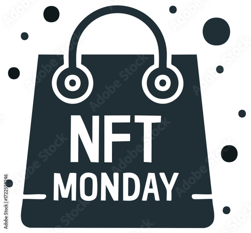 Shopping bag icon with NFT Monday text for a cryptocurrency and digital asset sale event