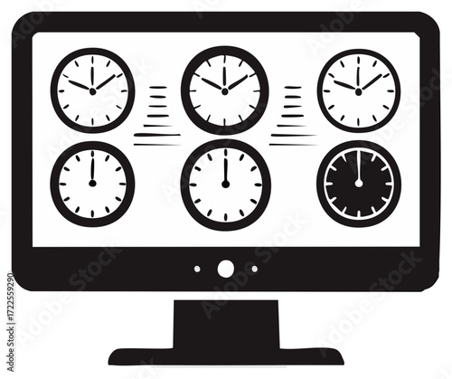 Computer monitor displaying several clocks showing time zones and world time.