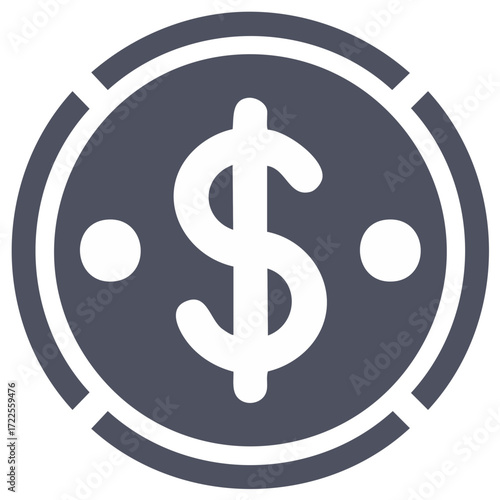 Stylized dollar coin icon with bold symbol and abstract design elements