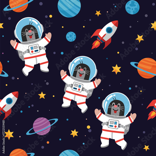 Happy moles in astronaut suits explore colorful space with planets stars and rockets Fun childhood adventure