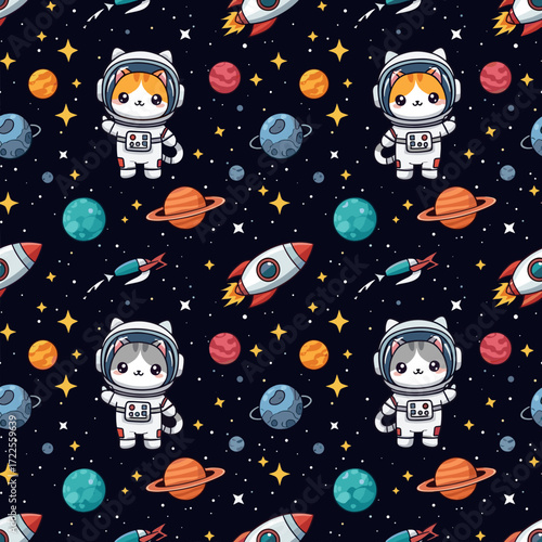 Cute astronaut cats rockets and planets in a fun seamless space pattern Perfect for kids designs
