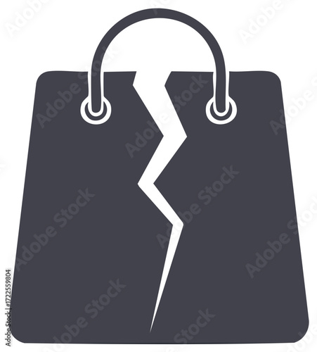 Dark grey shopping bag with a large white crack down the middle representing damage or a problem.