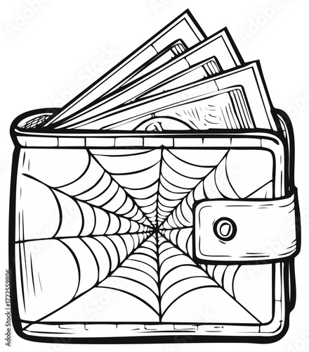 Wallet with money and spiderweb design, a symbol for being broke and out of cash, comic style graphic, isolated illustration