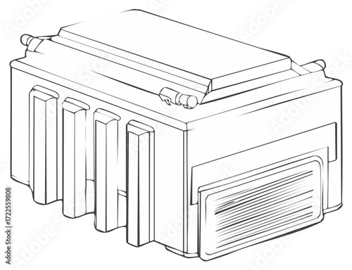 Line Art Illustration of a Rectangular Industrial Enclosure or Housing with Vent and Detail