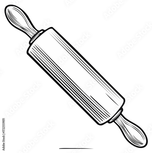Classic rolling pin for baking and cooking with handles in a stylized sketch on white