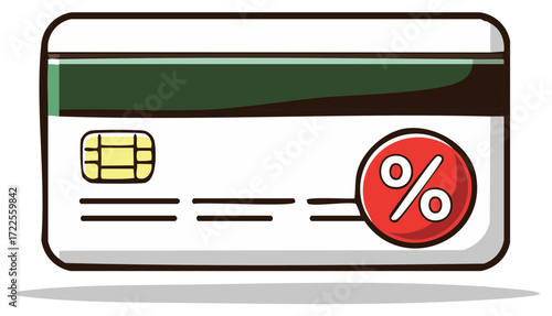 Stylized credit card illustration with a red circle featuring a white percentage sign and a chip for financial transactions and discounts